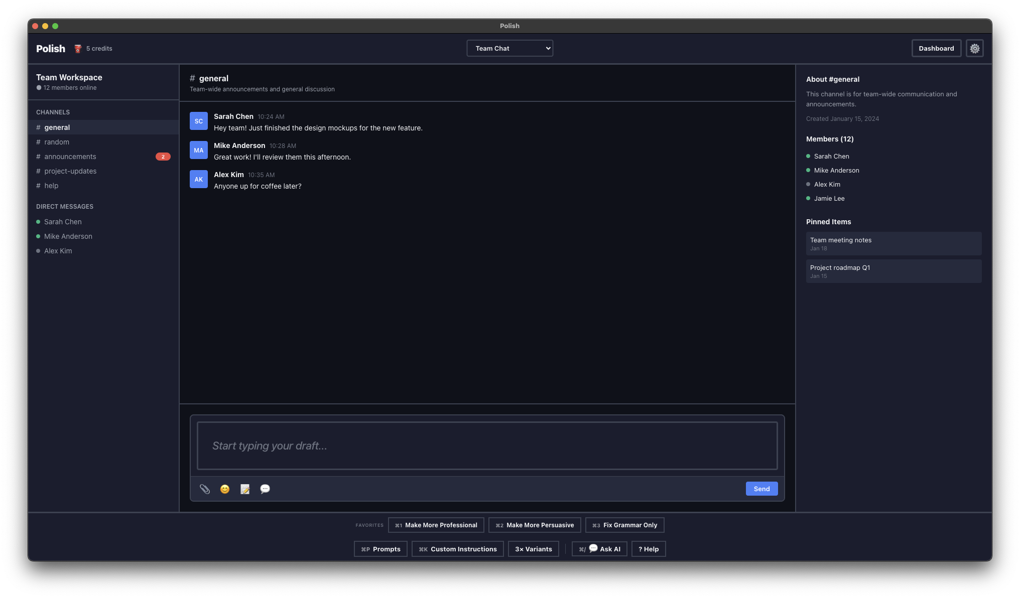 Team Chat Template - Slack-style interface for drafting team messages